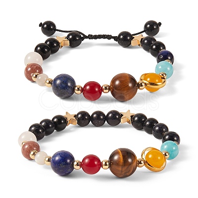 Round Natural Mixed Stone Braided Bead Bracelet Sets BJEW-SW00009-1