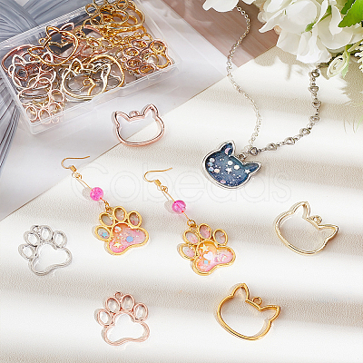 Olycraft 32Pcs 8 Styles Cat Head Paw Print Alloy Open Back Bezel Charms PALLOY-OC0002-99-1