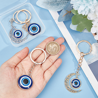 ARRICRAFT 4Pcs 4 Style Flat Round & Moon with Evil Eye Resin Pendant Keychains KEYC-AR0001-23-1