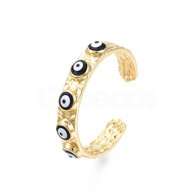 Real 18K Gold Plated Brass Open Cuff Ring with Enamel Evil Eye for Women RJEW-Q166-02A-1