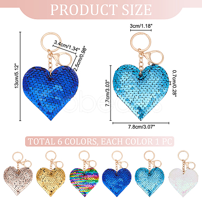 WADORN 6Pcs 6 Colors Valentine's Day Sequin Heart Pendant Keychain KEYC-WR0001-50-1