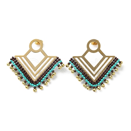 Woven Glass & Brass Beaded Triangle Dangle Stud Earrings with PVD Vacuum Plating 304 Stainless Steel Pins EJEW-A105-03G-1