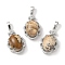 Natural Picture Jasper Oval Pendants, Platinum Tone Brass Micro Pave Clear Cubic Zirconia Flower Charms, Long-Lasting Plated, Lead Free & Cadmium Free, 30x19x10mm, Hole: 7.8x5mm