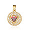 Brass Micro Pave Cubic Zirconia Pendants, Flat Round with Heart Charms, Real 18K Gold Plated, Red, 16x14x4.1mm