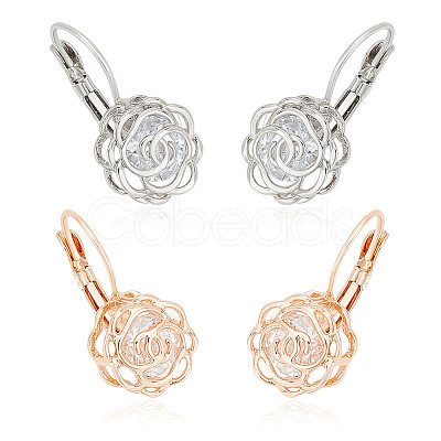 ANATTASOUL 2 Pairs 2 Colors Clear Cubic Zirconia Rose Flower Leverback Earrings EJEW-AN0002-85-1