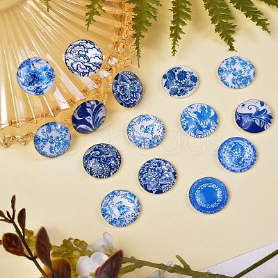 Blue and White Printed Glass Cabochons sgGGLA-SZ0001-13-1