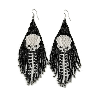 Boho Seed Bead Halloween Skeleton Tassel Earrings EJEW-Q380-04D-1