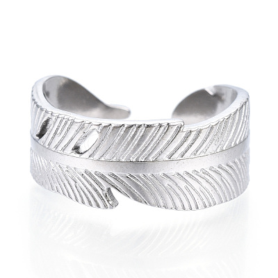 Non-Tarnish 304 Stainless Steel Feather Open Cuff Ring for Women RJEW-N040-30-1