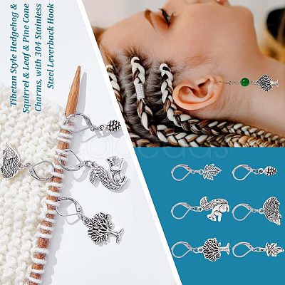 18Pcs 6 Style Hedgehog & Squirrel & Leaf & Pine Cone Tibetan Style Charms Locking Stitch Marker HJEW-PH01552-1