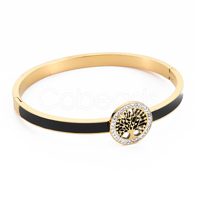 Ion Plating(IP) Crystal Rhinestone Flat Round with Tree of Life Bangle BJEW-N017-005LG-1