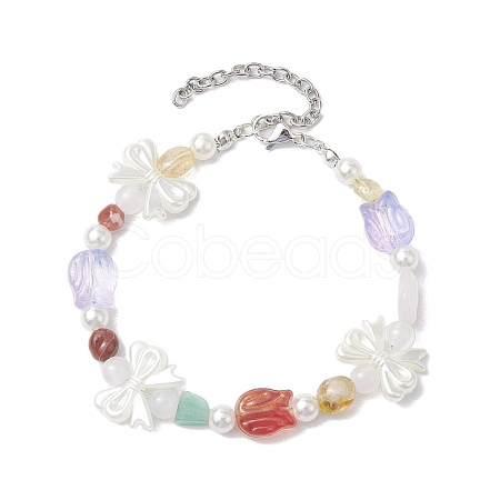 Natural Gemstone & Plastic Pearl Beaded Bracelets BJEW-JB10362-1