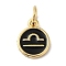 Real 18K Gold Plated Brass Enamel Charms, with Jump Ring, Long-Lasting Plated, Lead Free & Cadmium Free, Flat Round with Libra Charms, Black, 10x8x1mm, Hole: 4mm