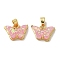 Real 18K Gold Plated Rack Plating Brass Pendants, with Resin Imitation Opal & Giltter, Long-Lasting Plated, Lead Free & Cadmium Free, Butterfly, Pink, 11.5x15.5x5mm, Hole: 4x2.5mm