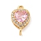 Brass Pave Cubic Zirconia Connector Charms, Heart Links, Golden, Pink, 15x9x6mm, Hole: 1.2mm