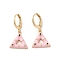 Triangle Real 18K Gold Plated Brass Dangle Leverback Earrings, with Enamel and Cubic Zirconia, Pink, 27x13.5mm