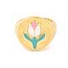 Round with Tulip Brass Enamel Open Cuff Rings RJEW-U009-05A-G-2