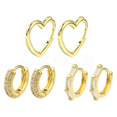 3Pairs 3 Style Clear Cubic Zirconia Heart & Rectangle & Ring Hoop Earrings EJEW-YW0001-05-1