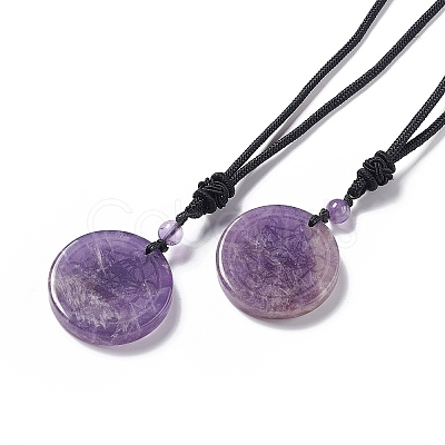 Natural Amethyst Flat Round with Hexagon Pendant Necklace with Nylon Cord for Women NJEW-P274-05-02-1