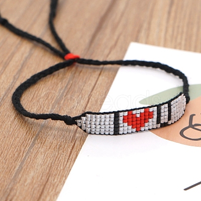 Glass Seed Wide Band with Word I Love U Heart Friendship Link Bracelet for Women BJEW-P269-11-1