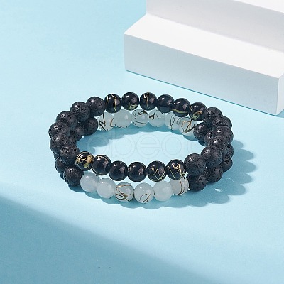 2Pcs 2 Color Round Glass & Natural Lava Rock Beaded Stretch Bracelets Set BJEW-JB07910-1