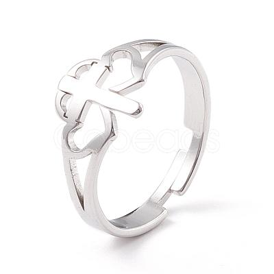 Non-Tarnish Double Heart with Cross 304 Stainless Steel Adjustable Ring for Women RJEW-B035-06P-1