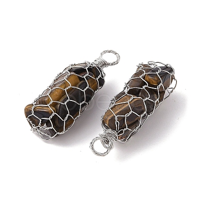 Rack Plating Copper Wire Wrapped Natural Tiger Eye Chip Big Pendants G-C130-01P-01-1