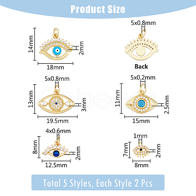 DICOSMETIC 10Pcs 5 Style Eye Brass Micro Pave Cubic Zirconia Charms KK-DC0003-49-1