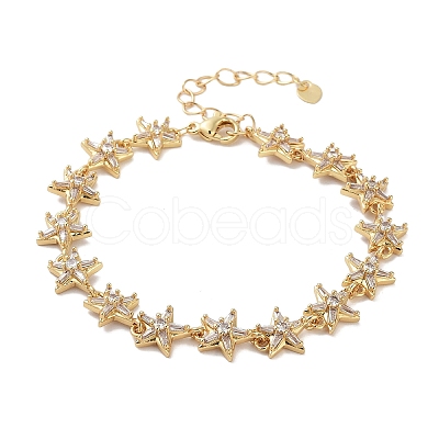 Rack Plating Brass Pave Clear Cubic Zirconia Star Link Chain Bracelets for Women BJEW-R317-11G-1