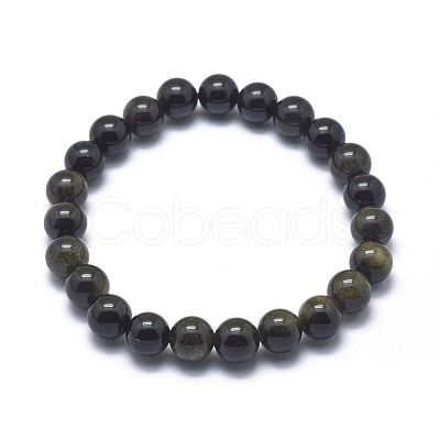 Natural Golden Sheen Obsidian Bead Stretch Bracelets BJEW-K212-B-020-1