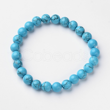Synthetic Turquoise Round Bead Stretch Bracelets BJEW-L594-A01-1
