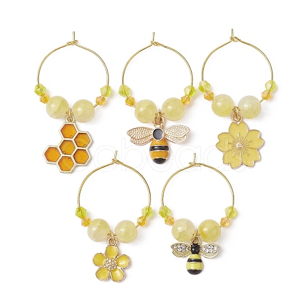 Bees & Honeycomb Alloy Enamel Wine Glass Charms AJEW-JO00220-1