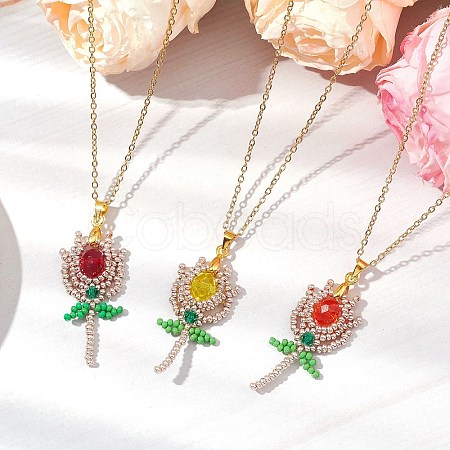 3Pcs 3 Styles Glass Seed Beaded Flower Pendant Necklaces NJEW-MZ00080-1