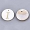 Natural Freshwater Shell Pendants, with Golden Plated Brass Etched Metal Embellishments, Flat Round with Letter, Letter.I, 15x2mm, Hole: 1.2mm