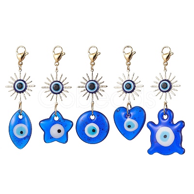 Glass Mixed Shapes with Evil Eye & Brass Sun Pendant Decorations HJEW-JM01522-1