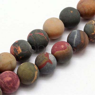 Natural Polychrome Jasper/Picasso Stone/Picasso Jasper Frosted Bead Strands G-O155-03A-6mm-1