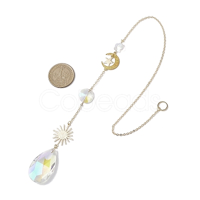 Glass Crystal Balls & Brass Sun Moon Pendant Ornament HJEW-JM02158-1