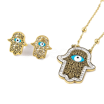 Ion Plating(IP) Hamsa Hand with Evil Eye Resin & Rhinestone Stud Earrings & Pendant Necklaces Sets SJEW-M100-06G-1