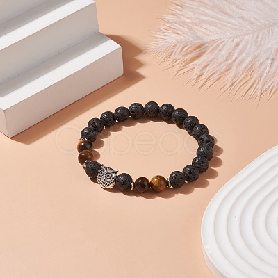 Natural Lava Rock & Tiger Eye Stretch Bracelet with Alloy Beaded BJEW-TA00147-03-1