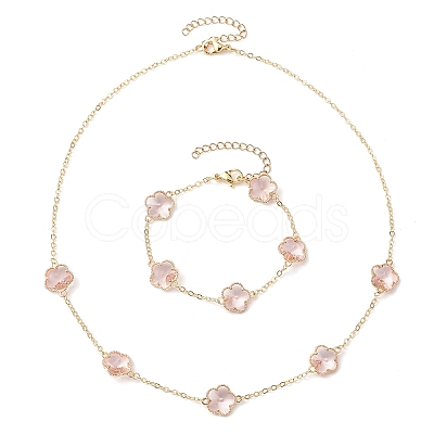 Plum Blossom Glass Links Necklace and Bracelet Sets SJEW-JS01293-01-1