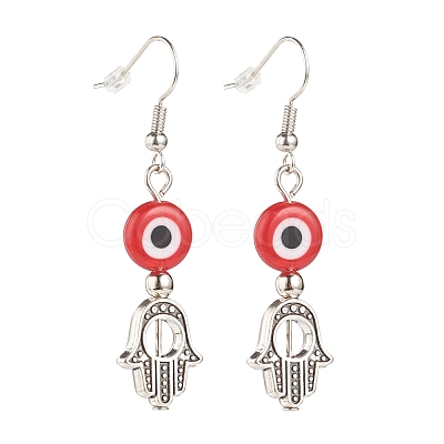 Lampwork Evil Eye with Hamsa Hand Dangle Earrings EJEW-JE05007-1