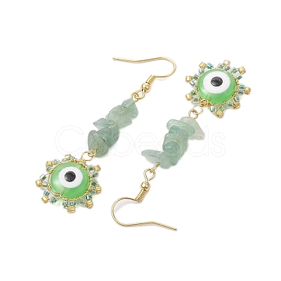 Evil Eye Natural Green Aventurine Chip & Seed Beads Dangle Earrings EJEW-MZ00166-04-1