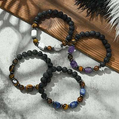 Natural Mixed Gemstone Cuboid & Lava Rock Round Beaded Stretch Bracelet BJEW-JB09795-1