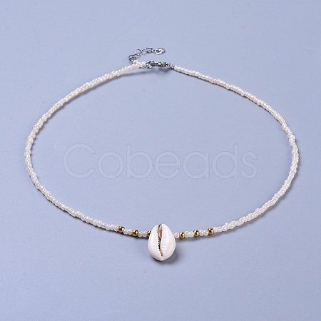 Cowrie Shell Pendant Necklaces NJEW-JN02399-01-1