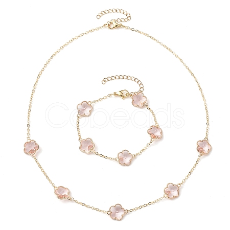 Plum Blossom Glass Links Necklace and Bracelet Sets SJEW-JS01293-01-1