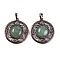 Natural Green Aventurine Pendants, Rack Plating Brass Hollow Flat Round Charms, Cadmium Free & Lead Free, Red Copper, 36.5x33x9.5mm, Hole: 7.5x5mm