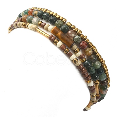 4Pcs 4 Style Natural Indian Agate & Tiger Eye & Seed Beaded Stretch Bracelets Set BJEW-JB09458-1