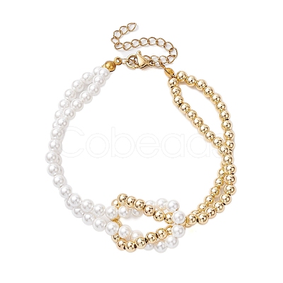 4mm Round Pearl Shell & Brass 2-Strand Beaded Bracelets for Women BJEW-JB10554-1