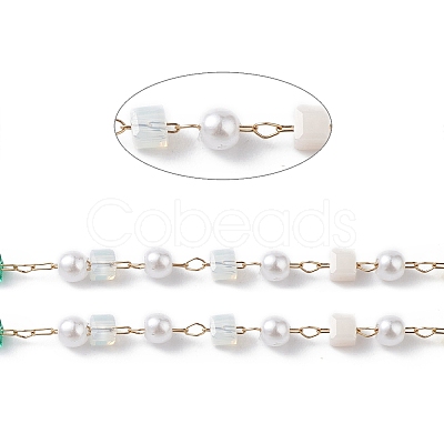 Cube & Round Glass & ABS Imitation Pearl Beaded Chains CHS-P016-43G-03-1