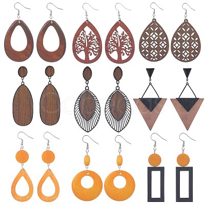 SUNNYCLUE 9 Pair 9 Style Teardrop & Rectangle & Triangle Natural Wood Dangle Earrings Set EJEW-SC0001-35-1