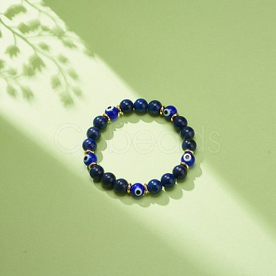 Natural Lapis Lazuli(Dyed) & Lampwork Evil Eye Round Beaded Stretch Bracelet BJEW-JB08713-05-1